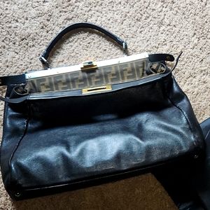 FENDI Black Leather FF Zucca Interior Peekaboo Bag
